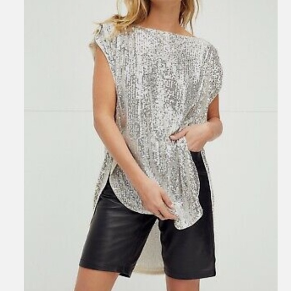 Free People Tops - Free People Shine Time Live women’s silver sequin cap sleeve tunic top size XS